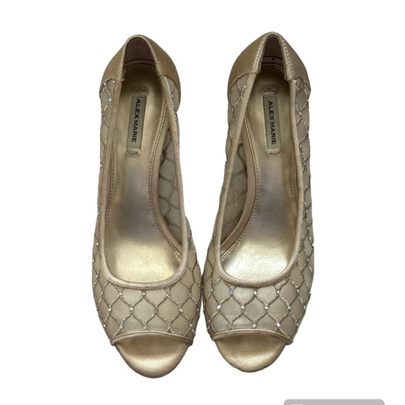 Alex Marie gold beaded leather sole peek toe satin party shoes Sz 6 M - Picture 1 of 8